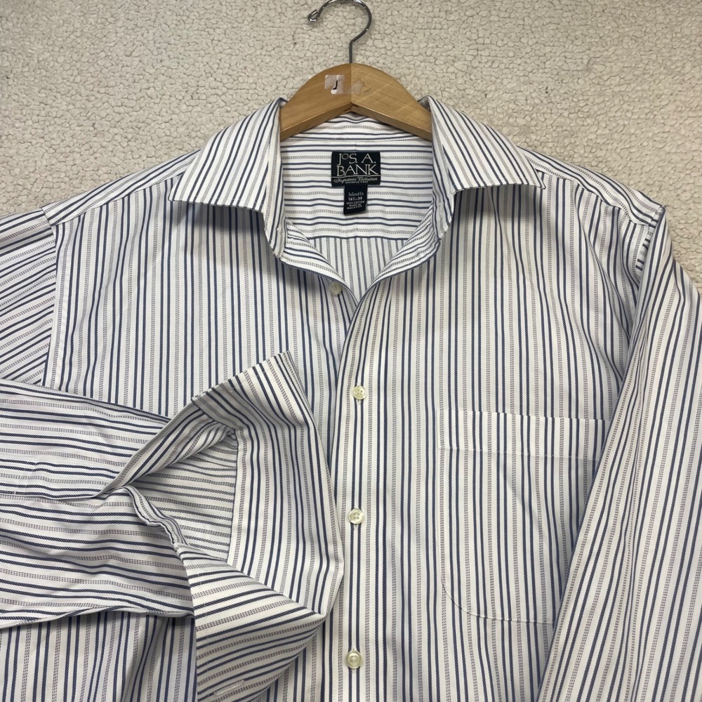 Jos. A. Bank French Cuff Mens 16.5-34 White Blue Signature Tailored Fit Striped